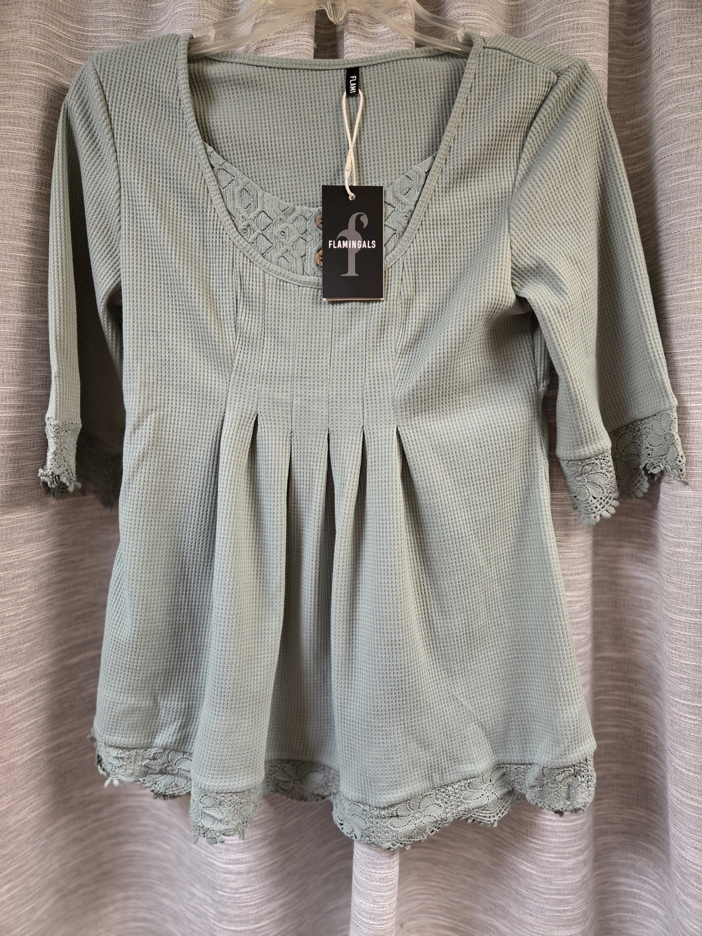 Flamingals Sage Green Lace-Trim Waffle Knit Women's Top